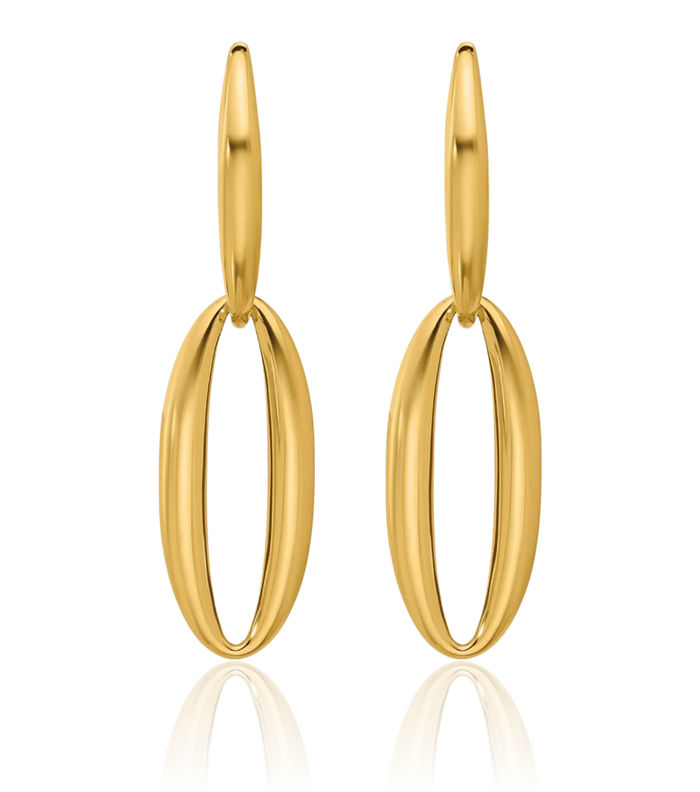 18K Solid Yellow Gold Double Oval Large Hoop Drop Dangle Earrings