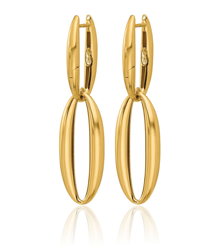 18K Solid Yellow Gold Double Oval Large Hoop Drop Dangle Earrings