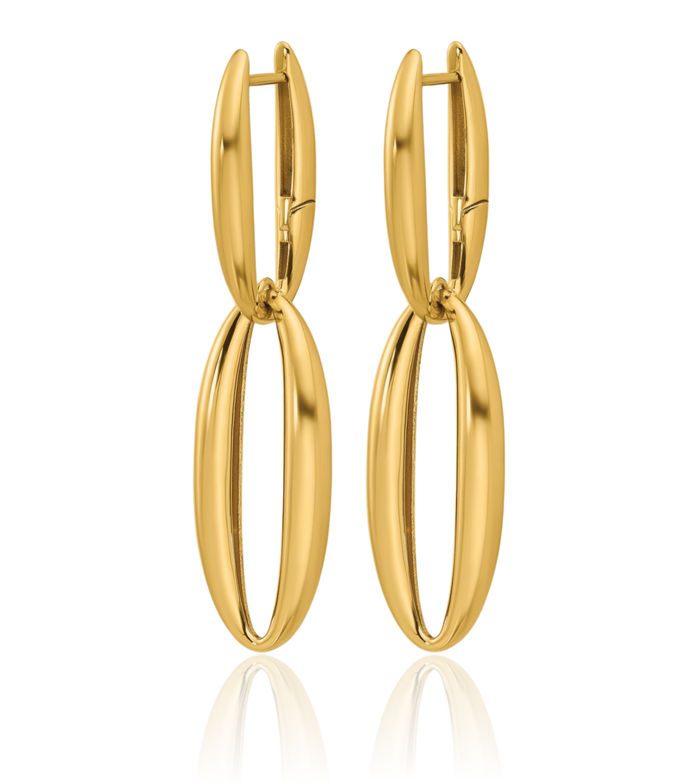 18K Solid Yellow Gold Double Oval Large Hoop Drop Dangle Earrings