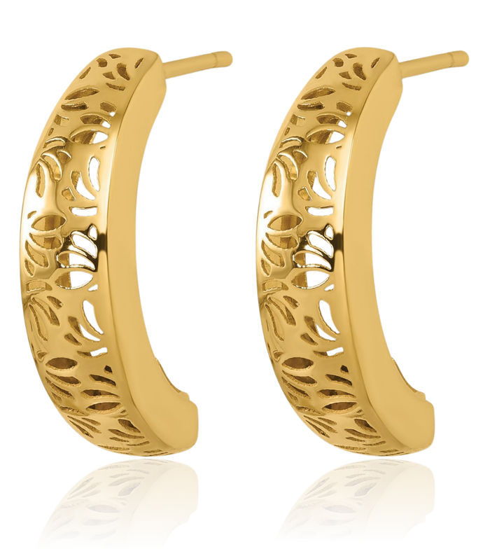 18K Solid Yellow Gold Antique Filigree Post Hoop Earrings