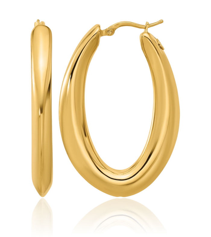 18K Solid Yellow Gold Graduated Knife Edge Oval Large Hoop Earrings