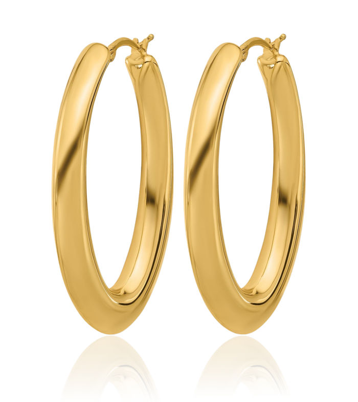 18K Solid Yellow Gold Graduated Knife Edge Oval Large Hoop Earrings