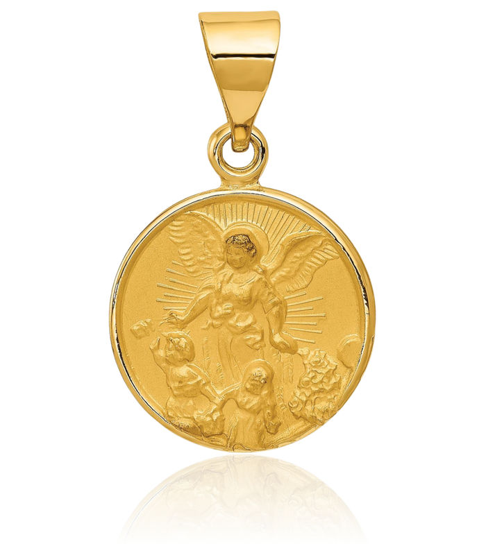 18K Solid Yellow Gold Guardian Angel Wings Medal Necklace Protect Us Cherub Pendant Religious Charm