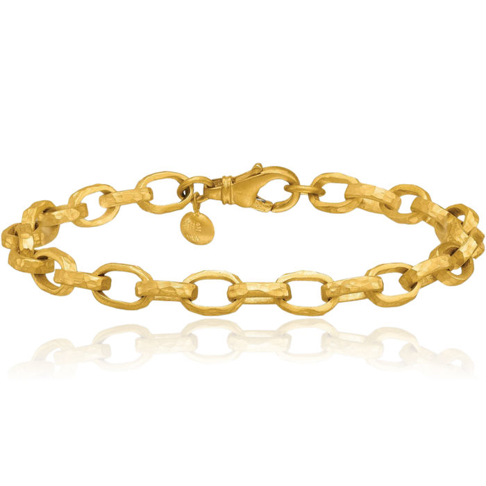 18K Solid Yellow Gold Hammered 6.5mm Oval Cable Rolo Link Chain Bracelet