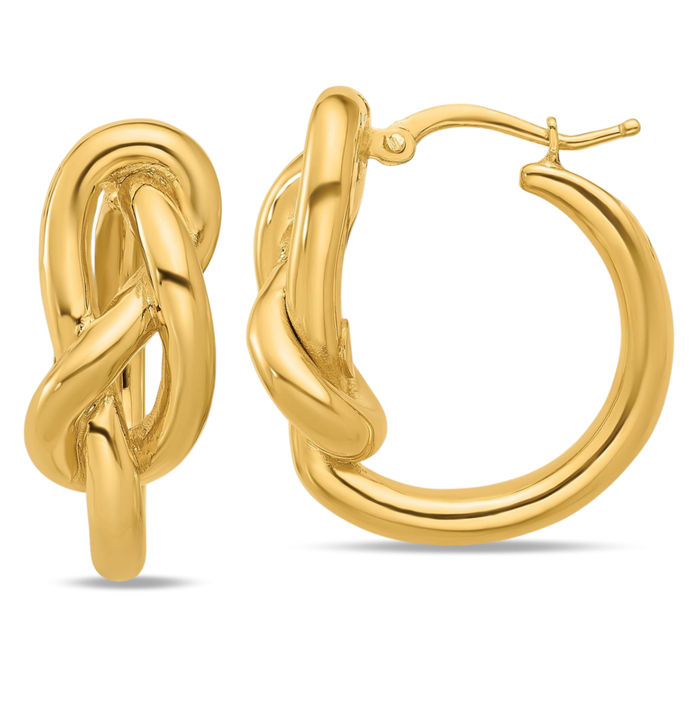 18K Solid Yellow Gold Infinity Twisted Love Knot Symbol Round Medium Hoop Earrings