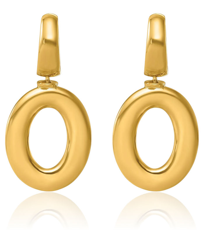 18K Solid Yellow Gold Oval Huggie Medium Hoop Drop Dangle Earrings