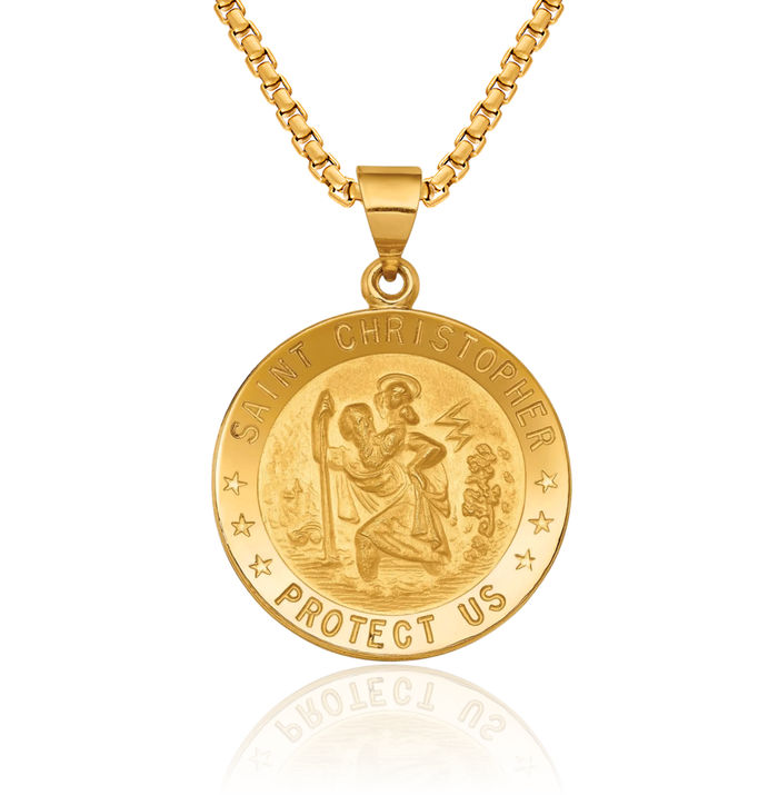 18K Solid Yellow Gold Saint Christopher Medal Patron of Travelers Athletes Protection Necklace Christian Religious Chain Pendant Faith Charm