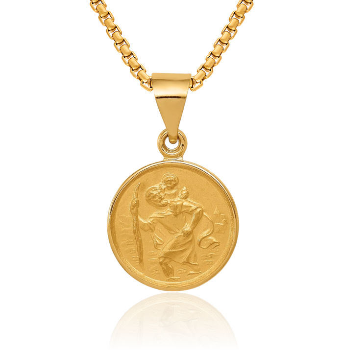 18K Solid Yellow Gold Saint Christopher Medal Patron of Travelers Athletes Protection Necklace Christian Religious Chain Pendant Faith Charm