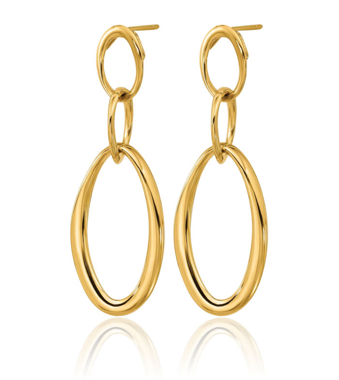 18K Solid Yellow Gold Triple Oval Chain Link Post Drop Dangle Earrings