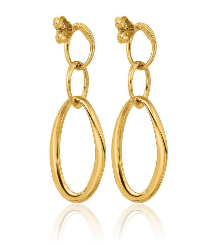 18K Solid Yellow Gold Triple Oval Chain Link Post Drop Dangle Earrings