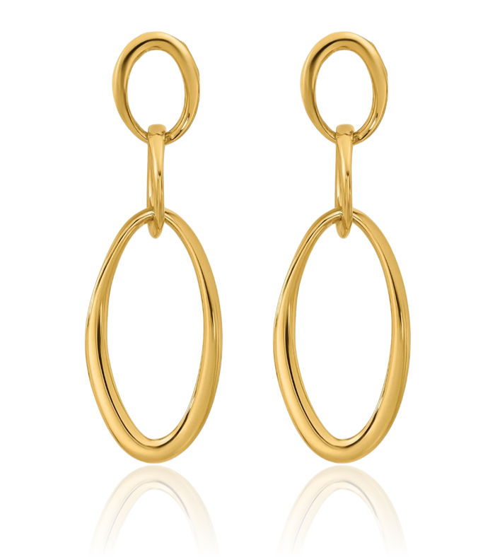 18K Solid Yellow Gold Triple Oval Chain Link Post Drop Dangle Earrings