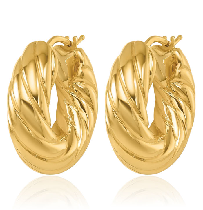 18K Solid Yellow Gold Twisted 7.6x25mm Round Medium Hoop Earrings