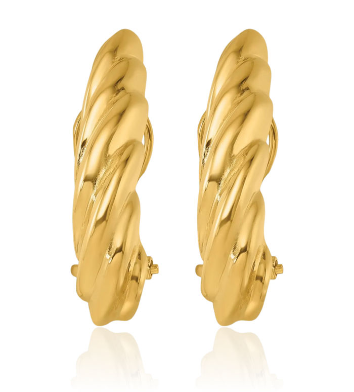 18K Solid Yellow Gold Twisted Omega Clip Back Post J Hoop Earrings