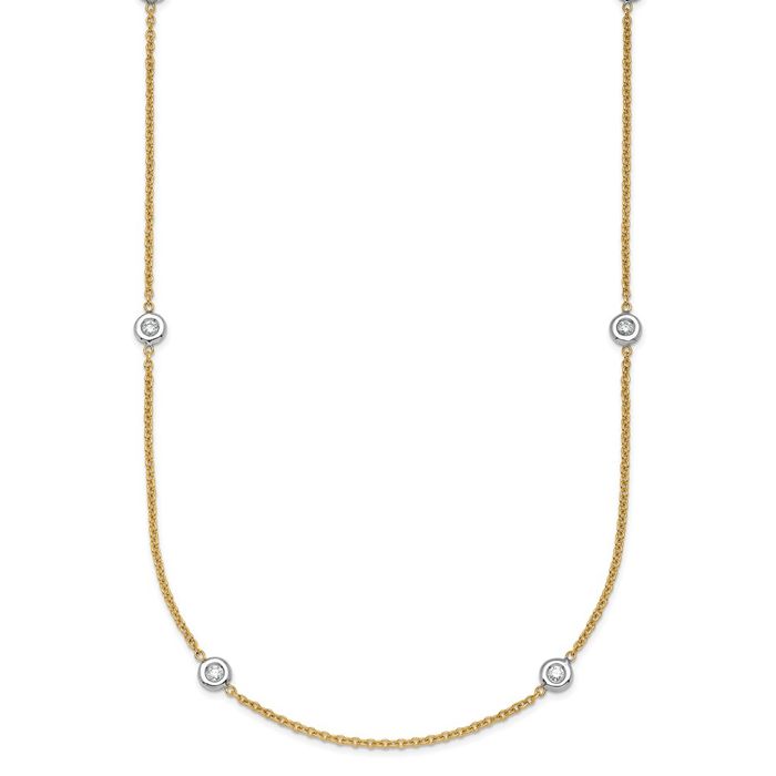 18K Solid Two Tone Gold Lab Diamond Station Chain Necklace - Picture 7 of 30