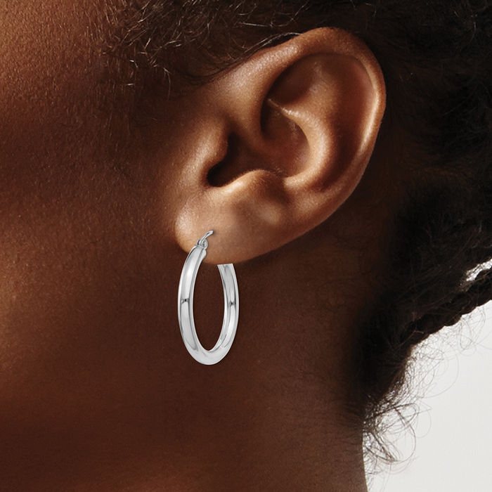 18K Solid White Gold Round Medium Hoop Earrings