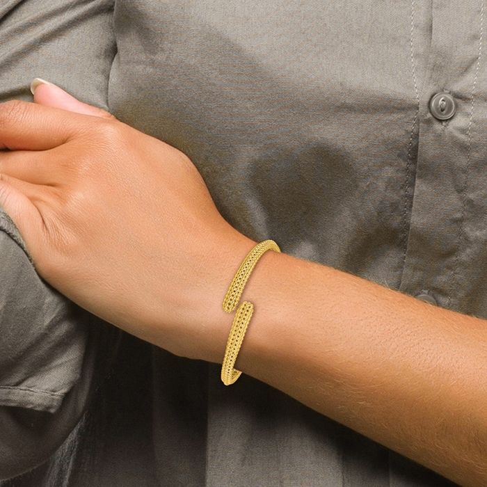 18K Solid Yellow Gold Beaded Ball Bypass Bangle Bracelet