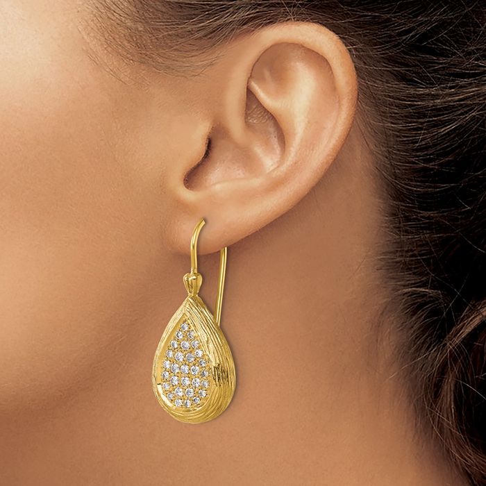 18K Solid Yellow Gold Diamond Teardrop French Wire Drop Dangle Earrings