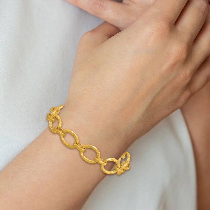 18K Solid Yellow Gold Hammered 12.75mm Oval Cable Rolo Link Chain Bracelet