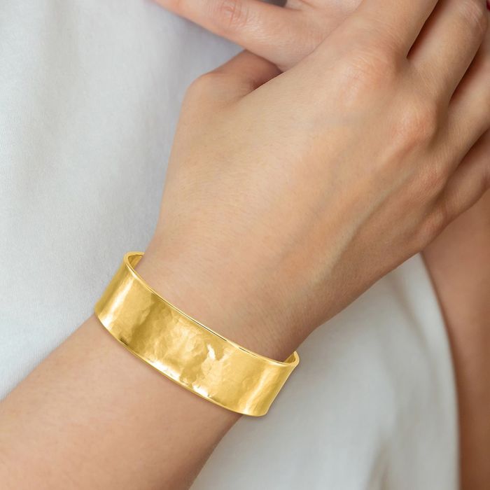 18K Solid Yellow Gold Hammered 19mm Cuff Bracelet