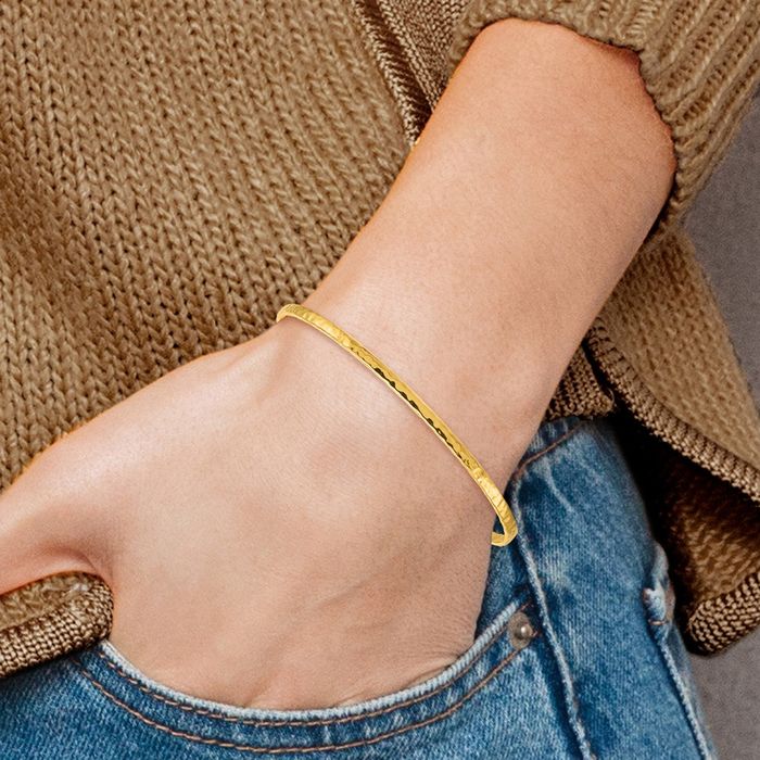 18K Solid Yellow Gold Hammered 2.7mm Slip On Bangle Bracelet