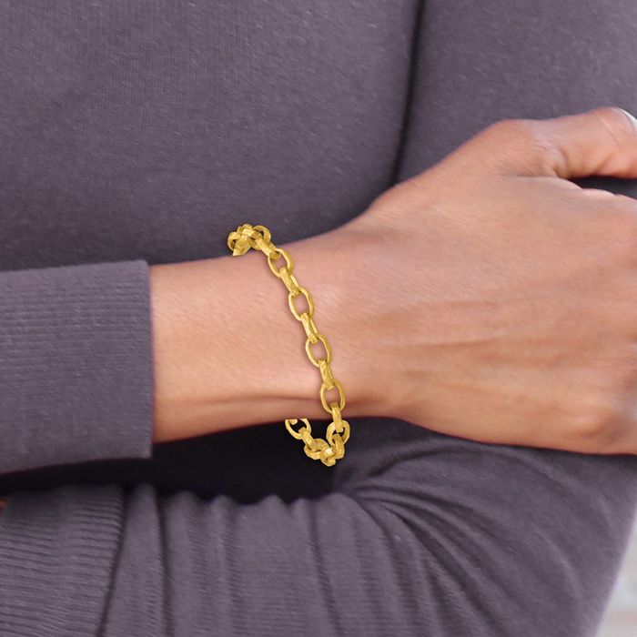 18K Solid Yellow Gold Hammered 6.5mm Oval Cable Rolo Link Chain Bracelet