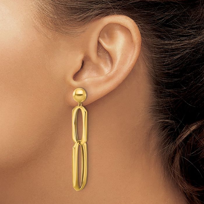 18K Solid Yellow Gold Oval Paperclip Chain Link Post Line Bar Drop Dangle Earrings