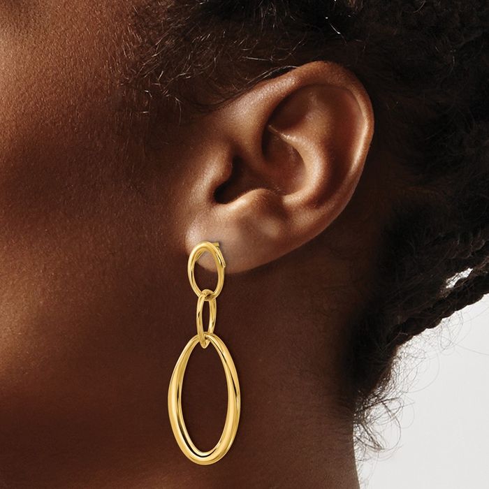 18K Solid Yellow Gold Triple Oval Chain Link Post Drop Dangle Earrings