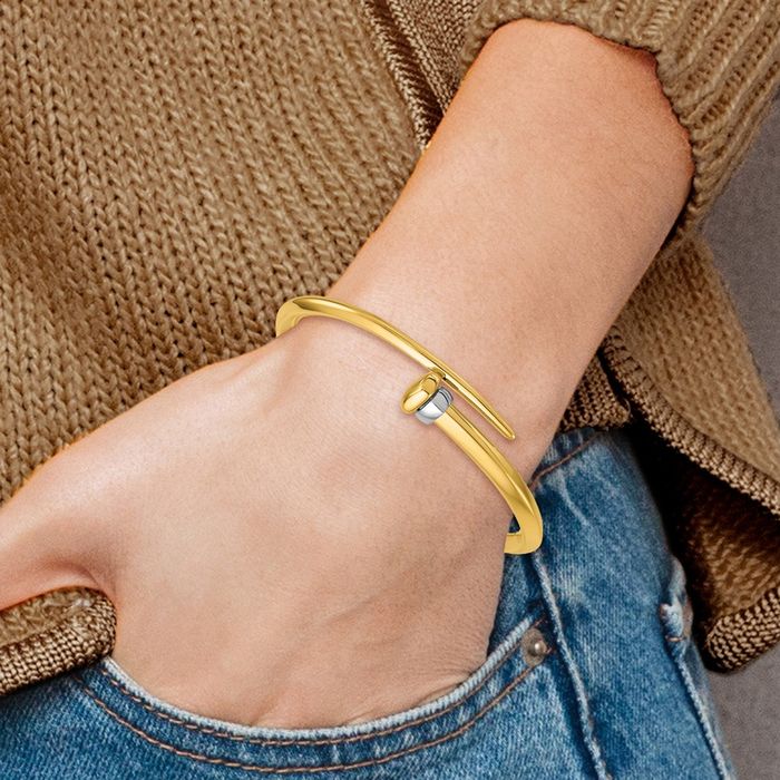 18K Solid Two Tone Gold Yellow Bypass Bangle Bracelet