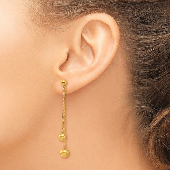 24K Solid Yellow Gold 2 Strand Beaded Back Post Drop Dangle Earrings