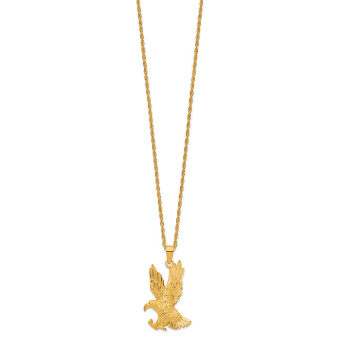 24K Solid Yellow Gold Eagle Necklace American Hawk Bird Head Pendant Symbol of Strength Freedom Charm Chain