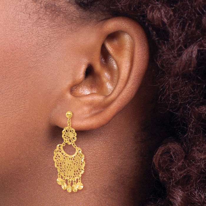 24K Solid Yellow Gold Antique Filigree Back Post Drop Dangle Earrings