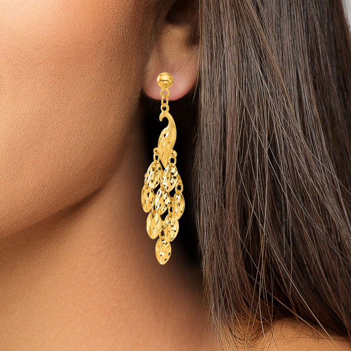 24K Solid Yellow Gold Peacock Back Post Drop Dangle Earrings