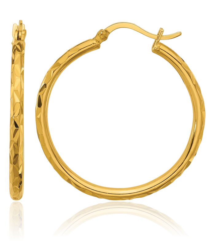 24K Solid Yellow Gold 2 x 26.5mm Round Medium Hoop Earrings