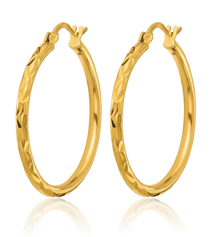 24K Solid Yellow Gold 2 x 26.5mm Round Medium Hoop Earrings