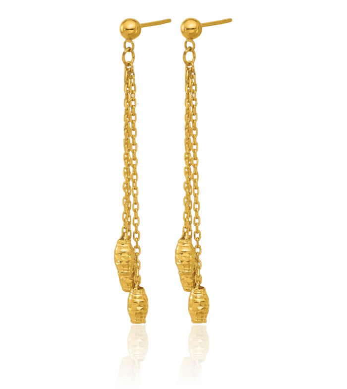 24K Solid Yellow Gold Barrel Bead 3 Strand Post Line Bar Drop Dangle Earrings