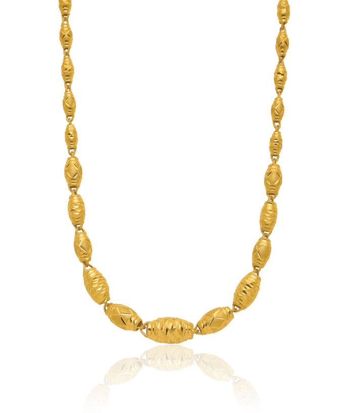 24K Solid Yellow Gold Barrel Bead Necklace