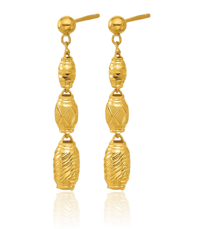 24K Solid Yellow Gold Bead Post Drop Dangle Earrings