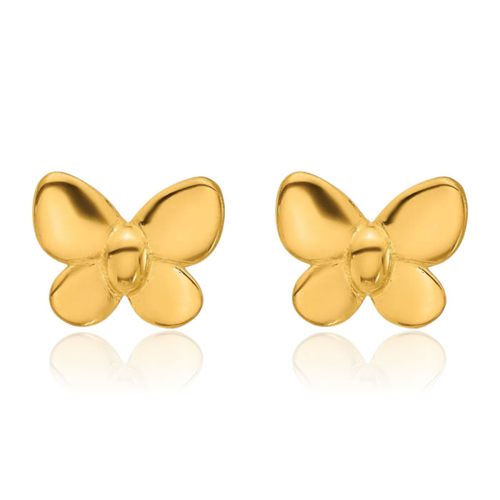 24K Solid Yellow Gold Butterfly Wings Back Stud Earrings