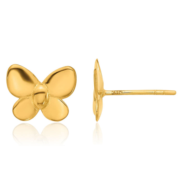 24K Solid Yellow Gold Butterfly Wings Back Stud Earrings