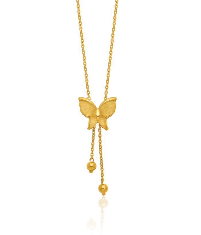 24K Solid Yellow Gold Butterfly Wings Lariat Necklace Chain