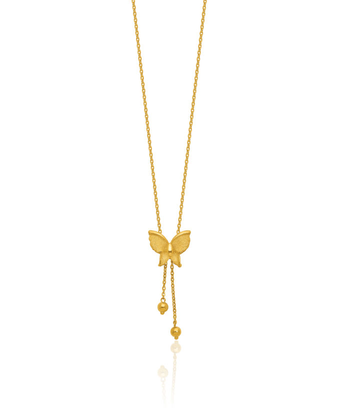 24K Solid Yellow Gold Butterfly Wings Lariat Necklace Chain