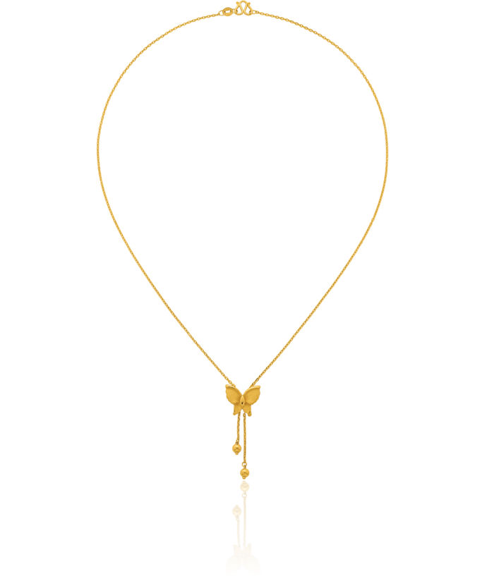 24K Solid Yellow Gold Butterfly Wings Lariat Necklace Chain