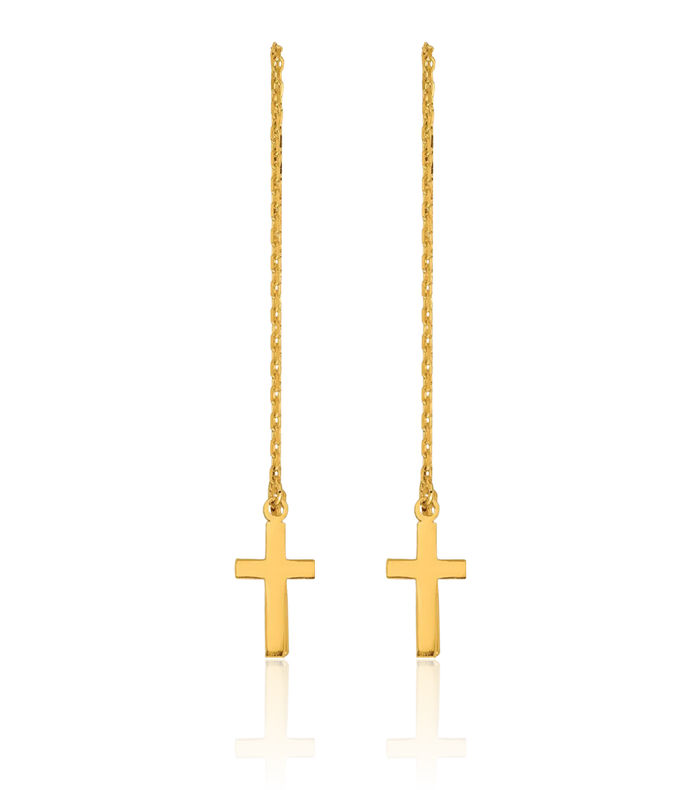 24K Solid Yellow Gold Latin Mexican Holy Cross Threader Christian Religious Drop Dangle Earrings