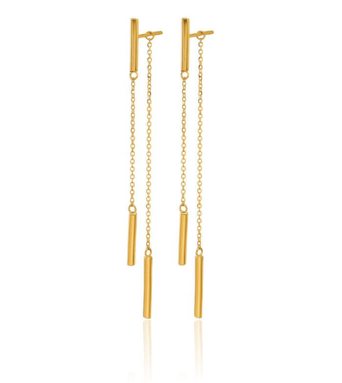 24K Solid Yellow Gold Double Bar Back Post Drop Dangle Line Stud Earrings