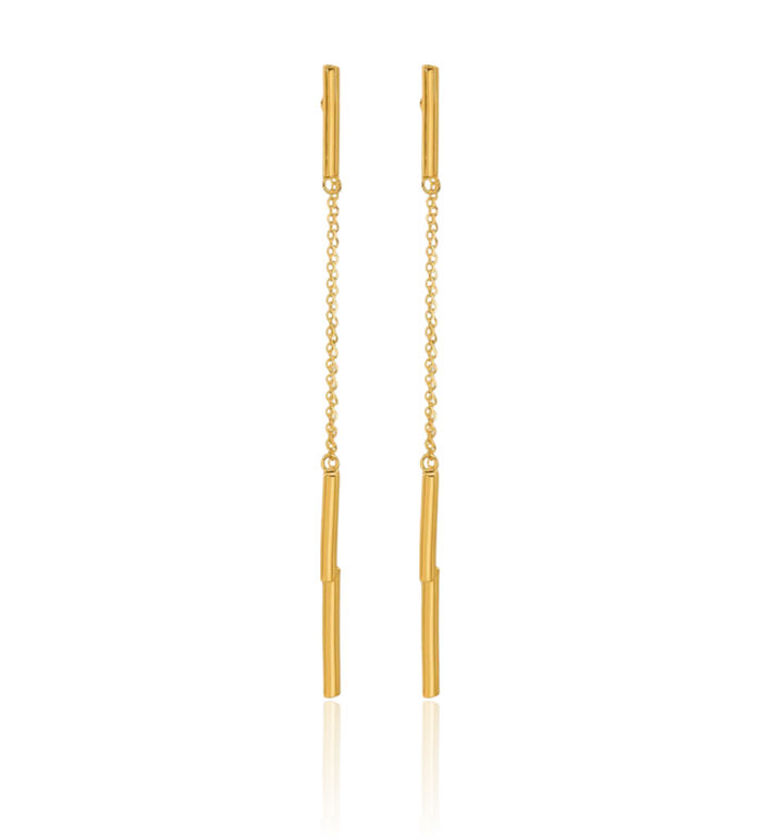 24K Solid Yellow Gold Double Bar Back Post Drop Dangle Line Stud Earrings