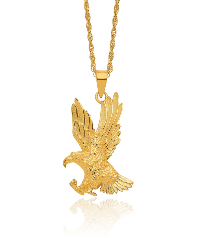 24K Solid Yellow Gold Eagle Necklace American Hawk Bird Head Pendant Symbol of Strength Freedom Charm Chain