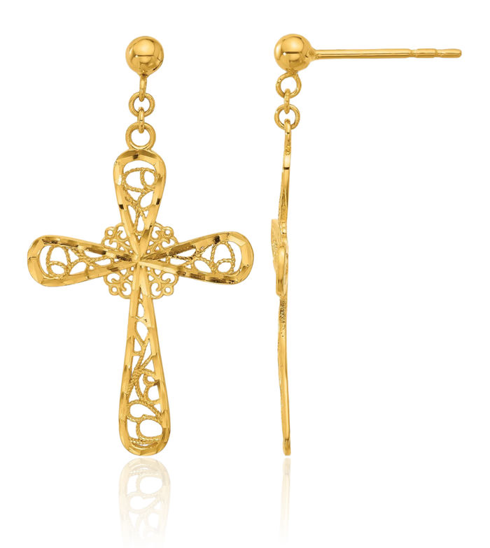 24K Solid Yellow Gold Antique Filigree Holy Cross Back Post Christian Religious Drop Dangle Earrings