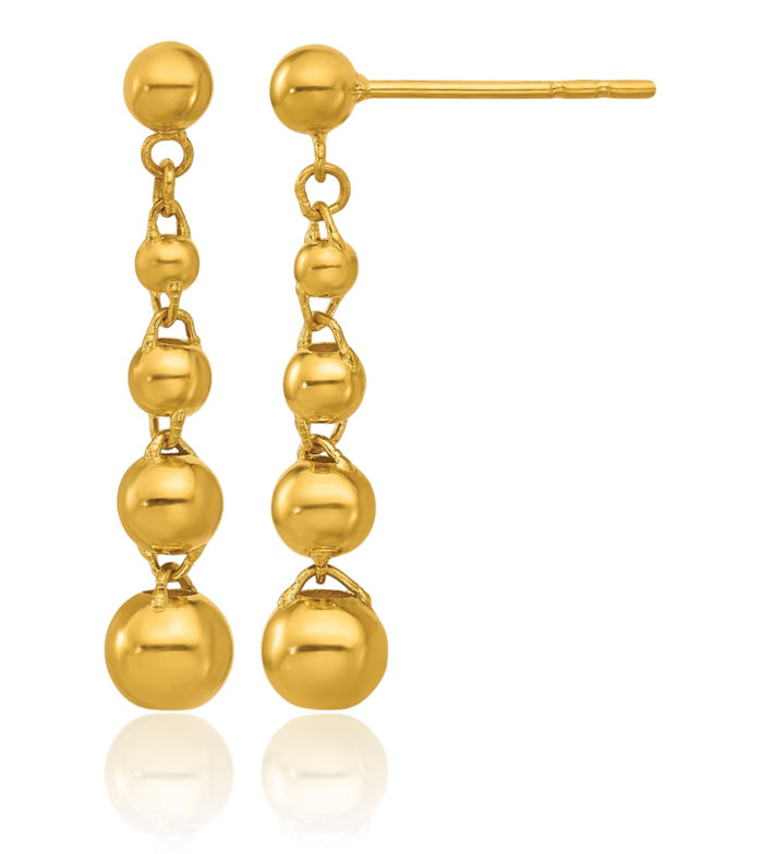 24K Solid Yellow Gold Graduated Beads Back Post Drop Dangle Earrings