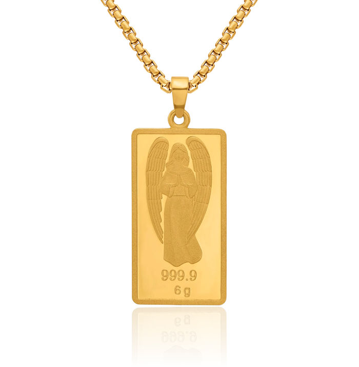 24K Solid Yellow Gold Guardian Angel Wings 6g Bar Necklace Chain Pendant Charm