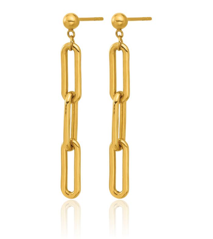 24K Solid Yellow Gold Paperclip Chain Link Back Post Drop Dangle Earrings